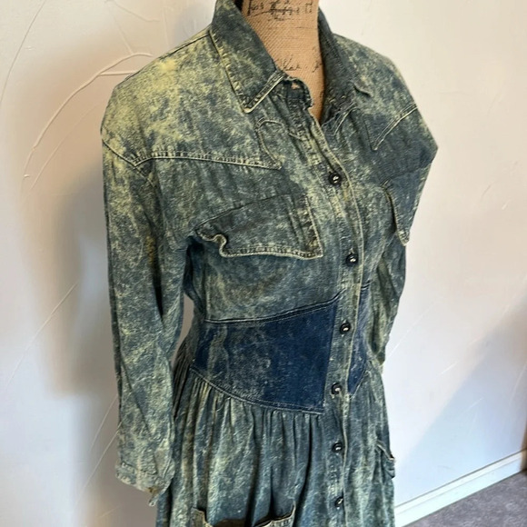 Acid Wash Cowgirl Boho Prairie Cinched Waist Full Skirt Dress EVC - Picture 4 of 8